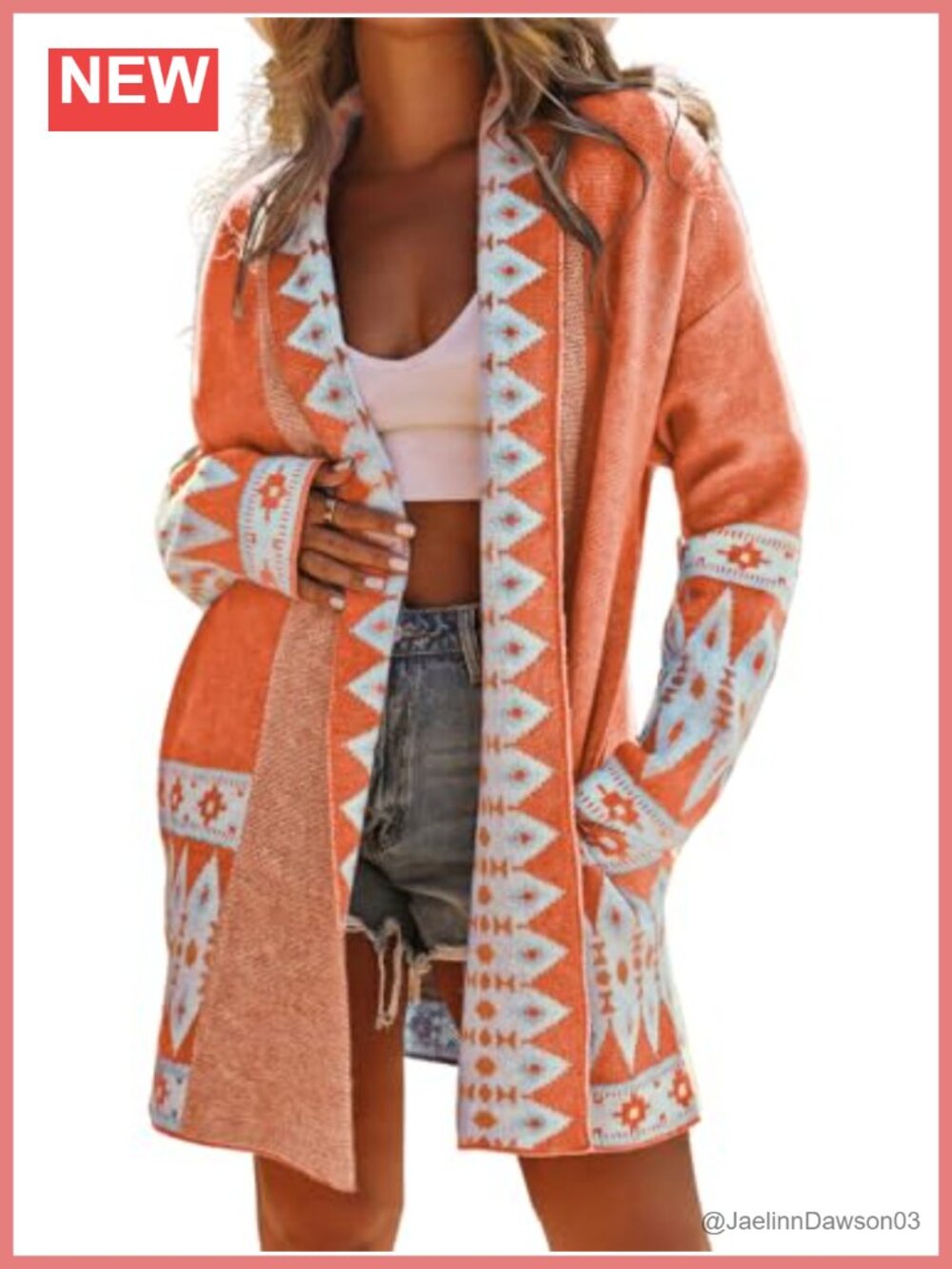 Aztec Jacquard Knit Open Front Cardigan Long Sleeve Boho Sweater Coat